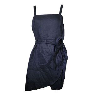 Gianni Bini Dress Womens Size 12 Solid All Black Linen Blend Faux Wrap Smocked